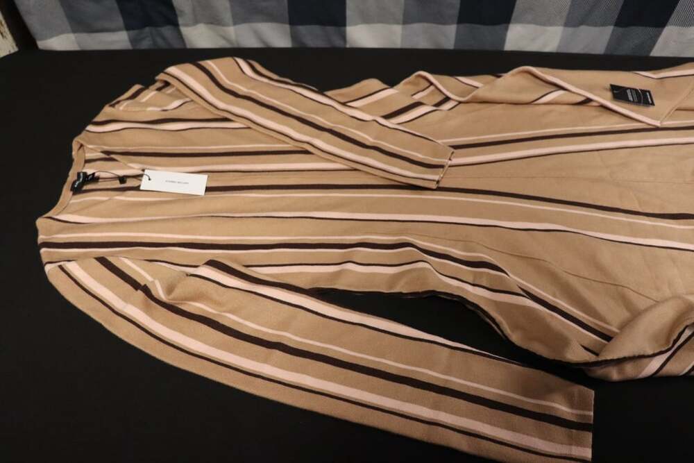 Karen Millen Camel Stripe Viscose Blend Asymmetric Hem Knit Midi Dress